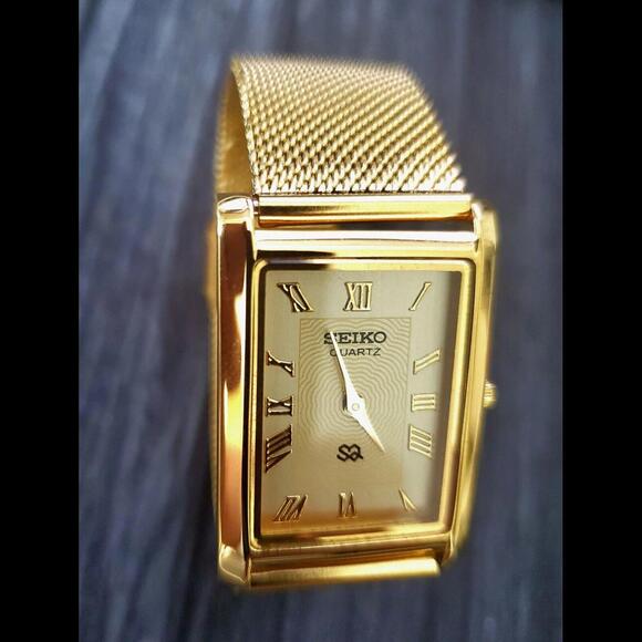 Vintage Tank Rectangular Slim Seiko Champaign Dial Milanese band Mens Watch 🌟 - Picture 6 of 8